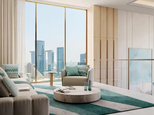 Living room with a city and sea view