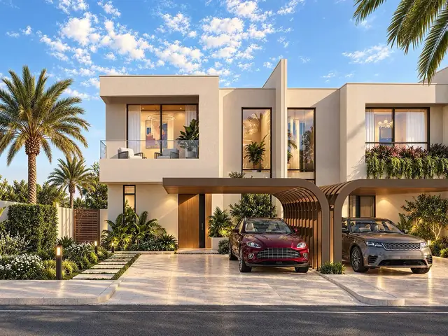 Contemporary villa with palm-lined driveway