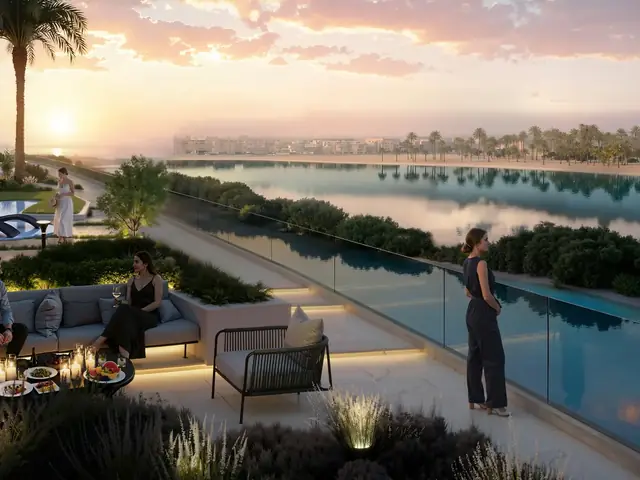 Podium terrace at sunset over the water