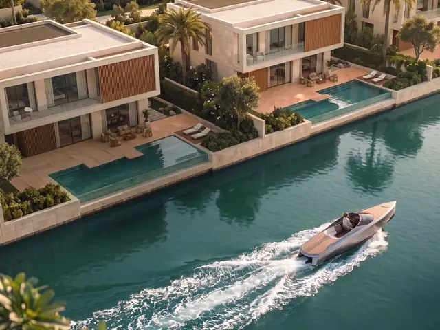 Yas Riva Reserve waterfront villas with a speedboat on the canal